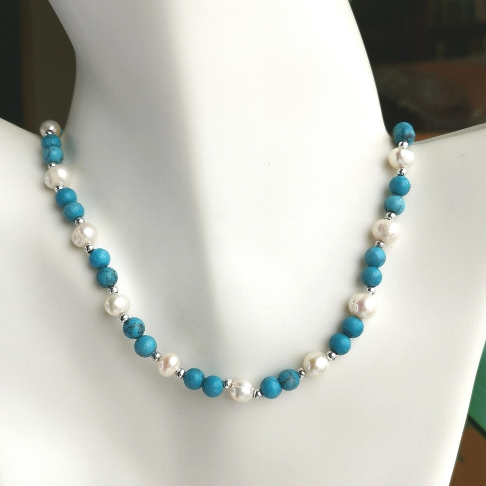 Turquoise White Freshwater Pearl Necklace  🆕